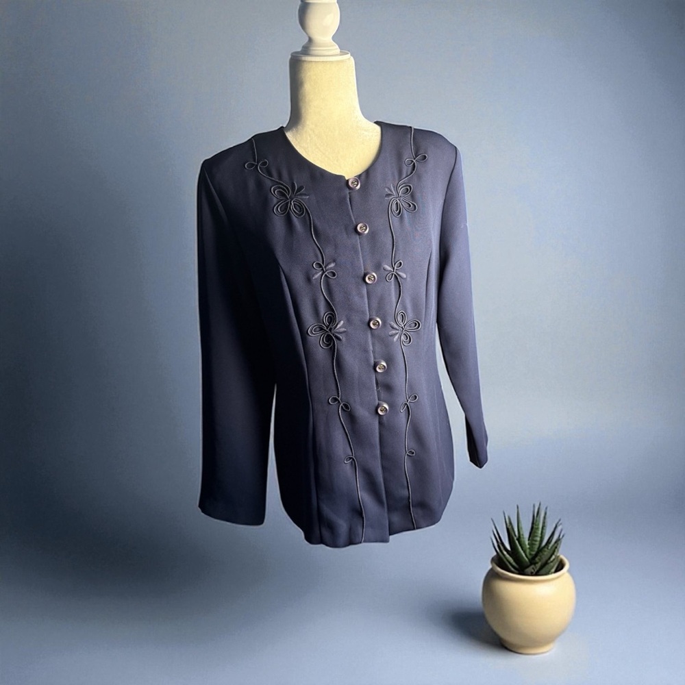 VTG 90’s Joanna Design Women's  Navy Blue Jacket With embossed embroidered SZ M